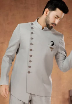 Solid Color Terry Rayon Jodhpuri Suit in Grey