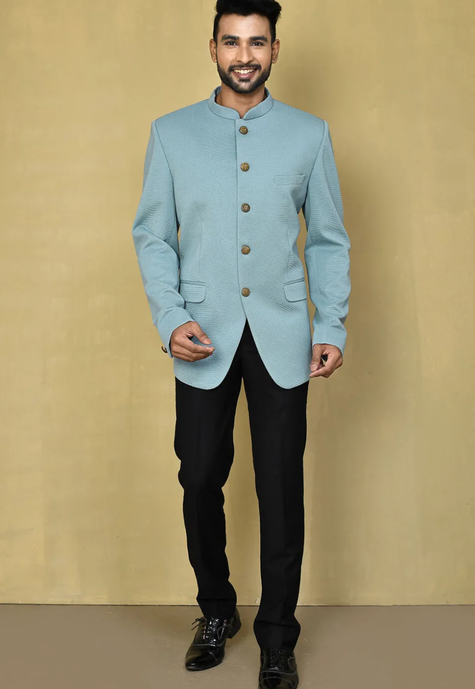 Solid Color Terry Rayon Jacquard Bandhgala Set in Light Blue