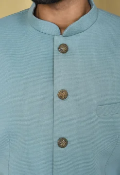 Solid Color Terry Rayon Jacquard Bandhgala Set in Light Blue