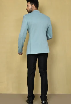 Solid Color Terry Rayon Jacquard Bandhgala Set in Light Blue
