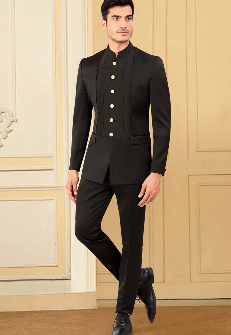 Solid Color Terry Rayon Jodhpuri Jacket in Black