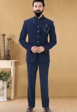 Solid Color Terry Rayon Jodhpuri Suit in Navy Blue