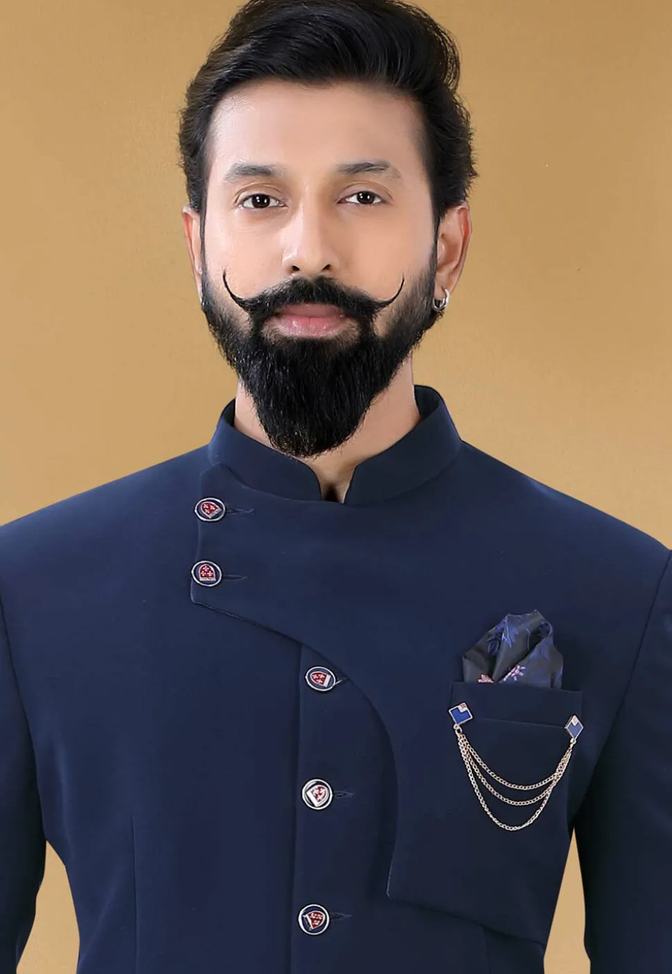 Solid Color Terry Rayon Jodhpuri Suit in Navy Blue