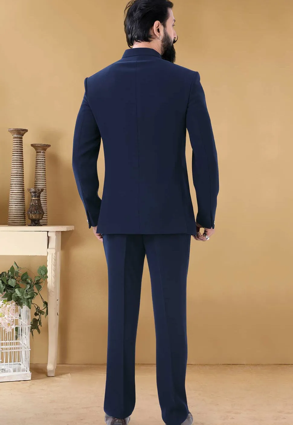 Solid Color Terry Rayon Jodhpuri Suit in Navy Blue