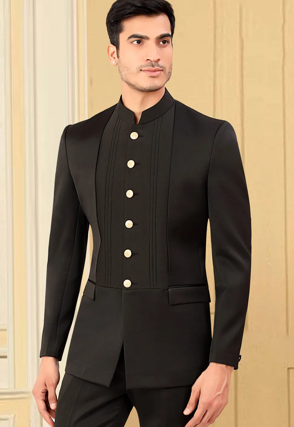 Solid Color Terry Rayon Jodhpuri Suit in Black