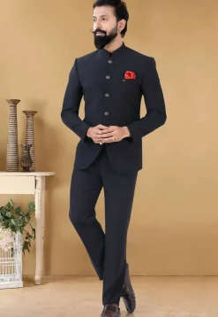 Solid Color Terry Rayon Jodhpuri Suit in Black