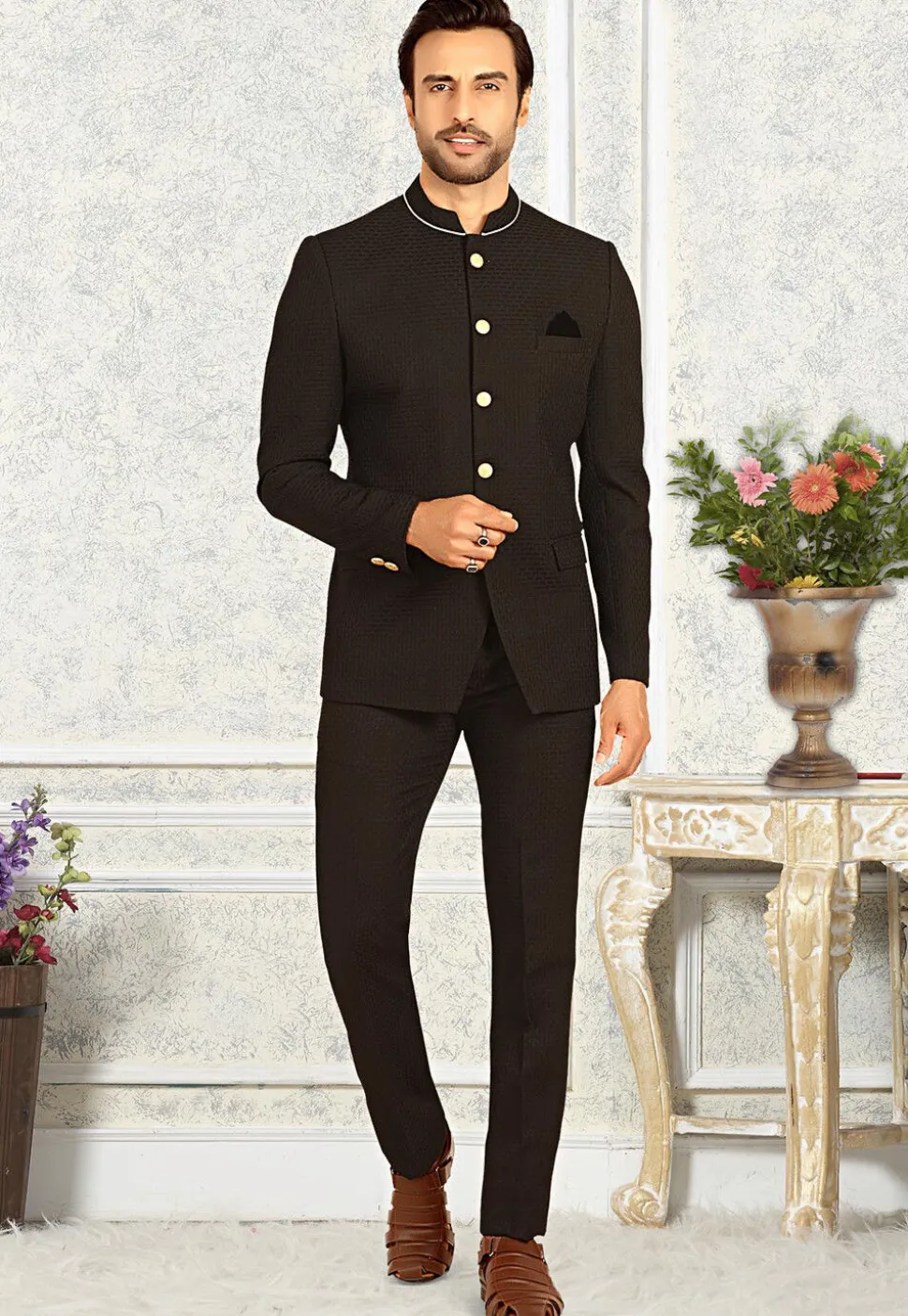 Solid Color Terry Rayon Jodhpuri Suit in Black
