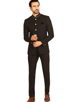 Solid Color Terry Rayon Jodhpuri Suit in Black