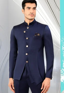 Solid Color Terry Rayon Jodhpuri Jacket in Navy Blue
