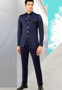 Solid Color Terry Rayon Jodhpuri Jacket in Navy Blue