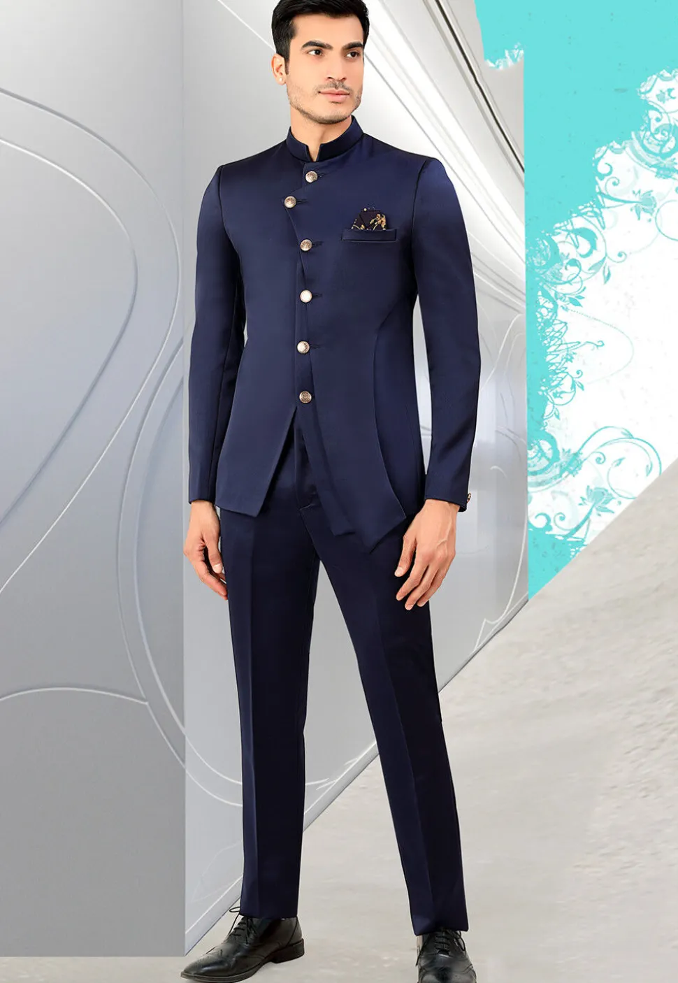 Solid Color Terry Rayon Jodhpuri Jacket in Navy Blue