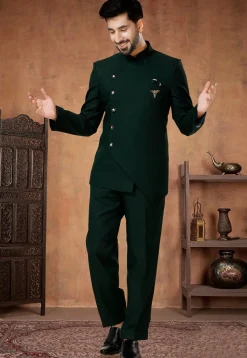 Solid Color Terry Rayon Jodhpuri Suit in Dark Green