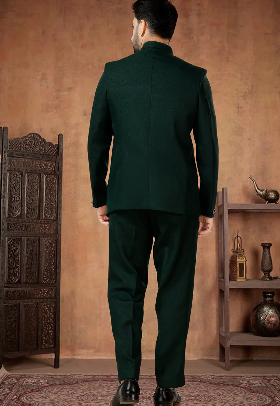 Solid Color Terry Rayon Jodhpuri Suit in Dark Green