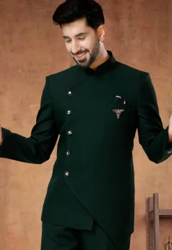 Solid Color Terry Rayon Jodhpuri Suit in Dark Green