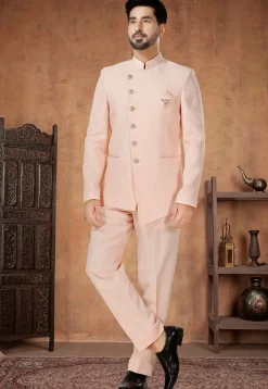 Solid Color Terry Rayon Jodhpuri Suit in Peach