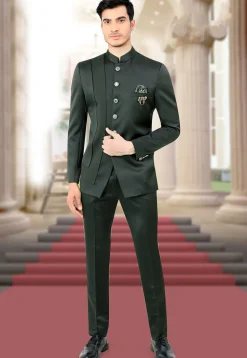 Solid Color Terry Rayon Jodhpuri Suit in Dark Green