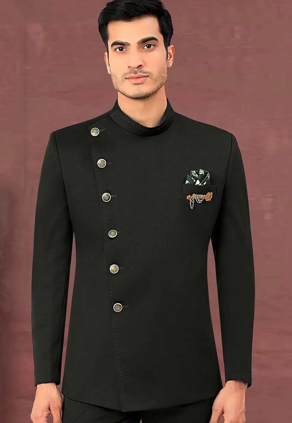 Solid Color Terry Rayon Jodhpuri Jacket in Black