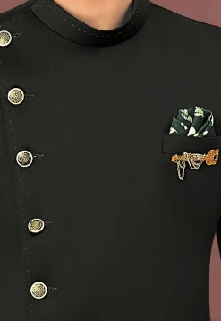 Solid Color Terry Rayon Jodhpuri Jacket in Black