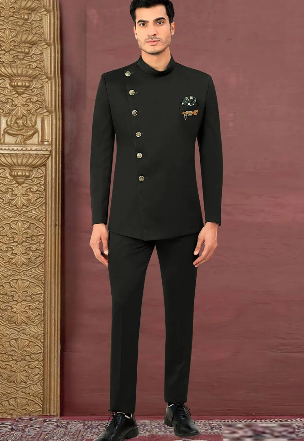 Solid Color Terry Rayon Jodhpuri Jacket in Black