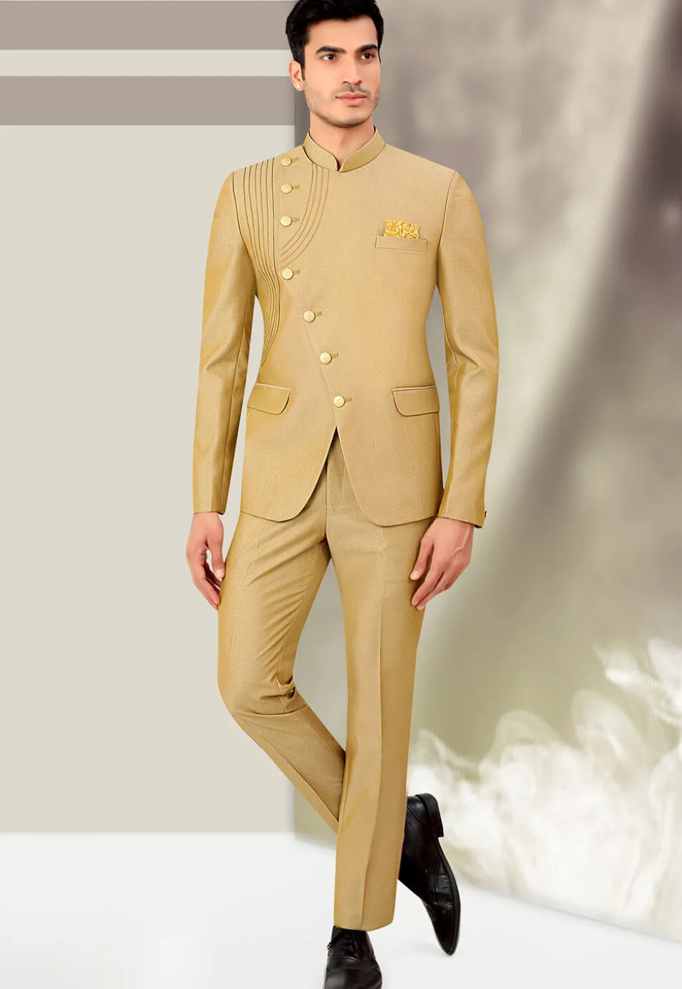 Solid Color Terry Rayon Jodhpuri Suit in Beige