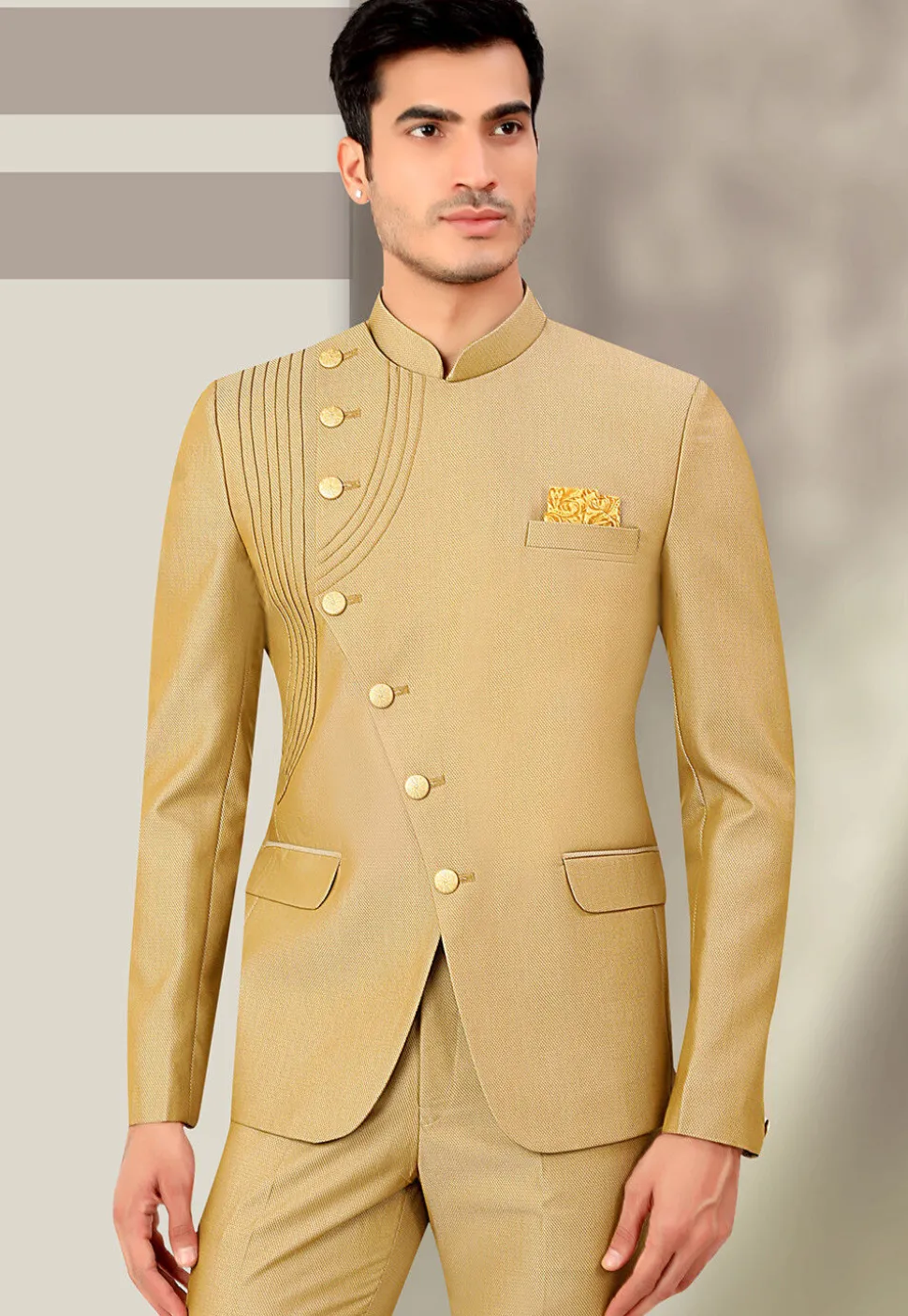 Solid Color Terry Rayon Jodhpuri Suit in Beige