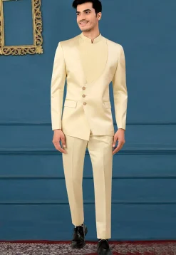 Solid Color Terry Rayon Jodhpuri Suit in Light Beige