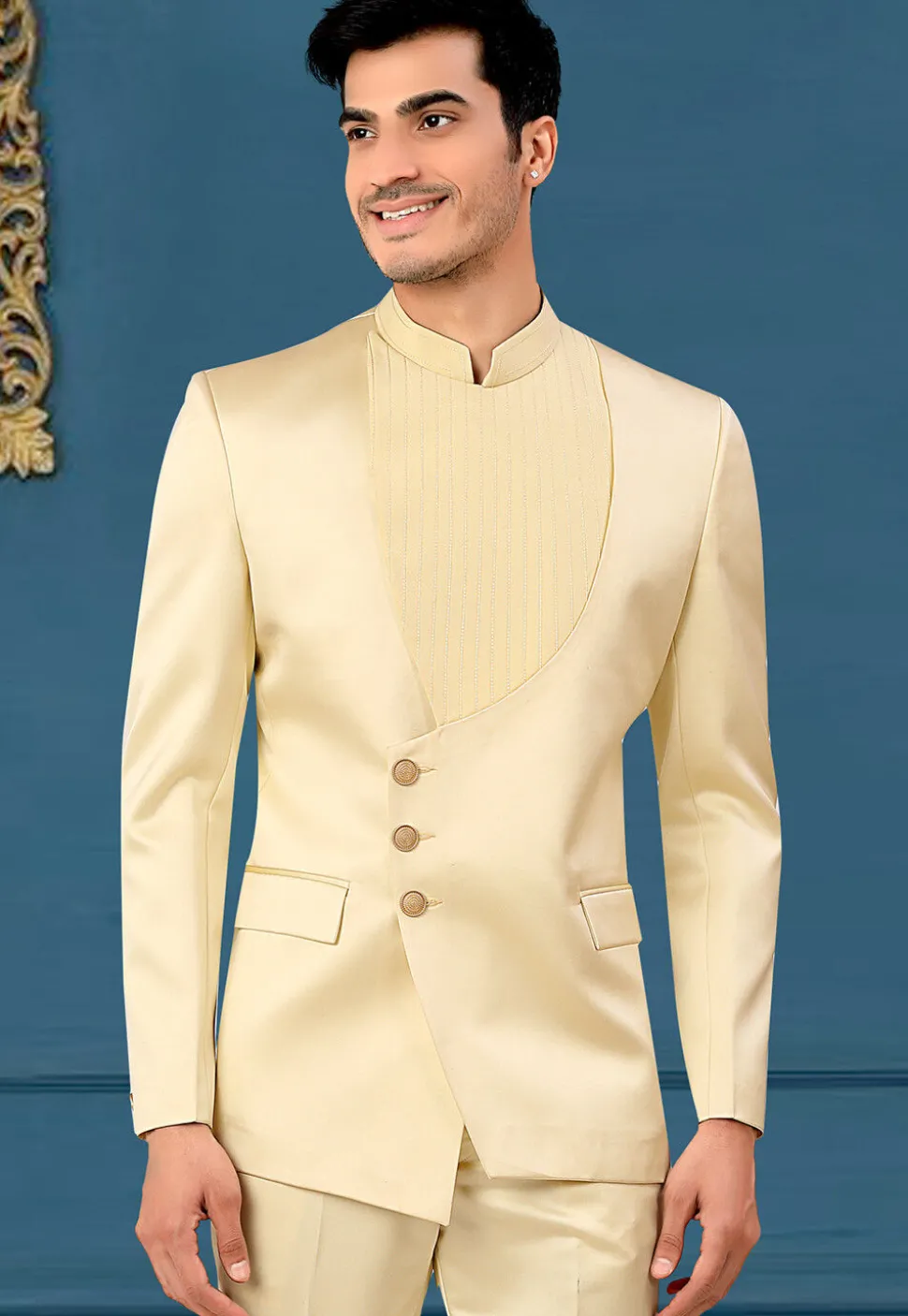 Solid Color Terry Rayon Jodhpuri Suit in Light Beige