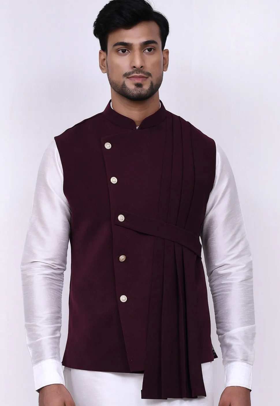 Solid Color Terry Rayon Nehru Jacket in Wine