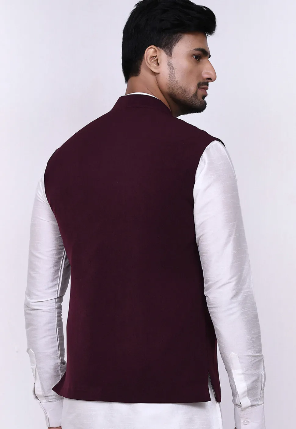 Solid Color Terry Rayon Nehru Jacket in Wine