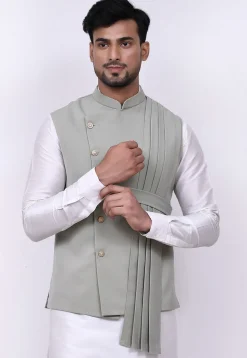 Solid Color Terry Rayon Nehru Jacket in Dusty Green