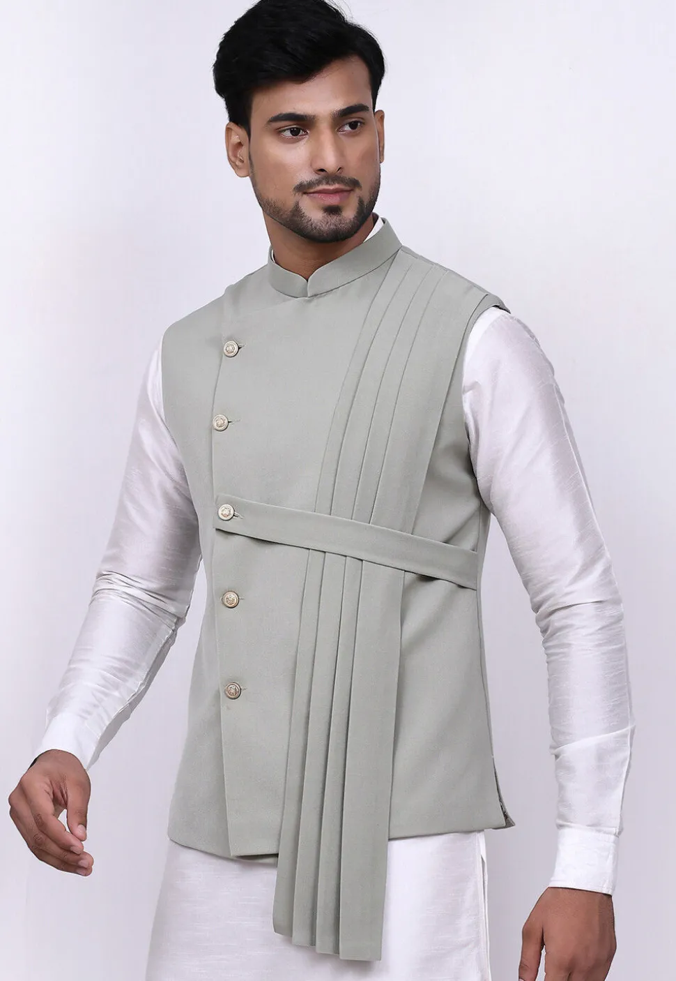 Solid Color Terry Rayon Nehru Jacket in Dusty Green