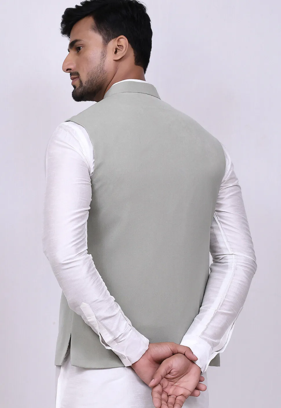Solid Color Terry Rayon Nehru Jacket in Dusty Green