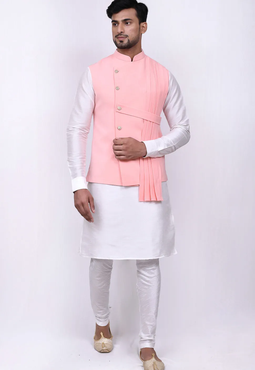Solid Color Terry Rayon Nehru Jacket in Peach