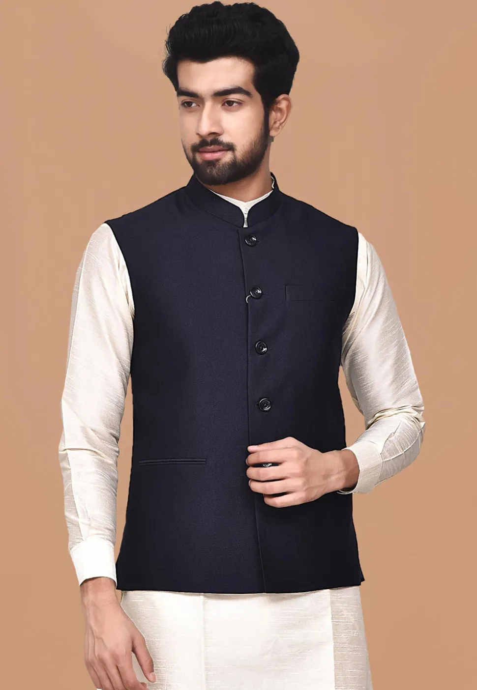 Solid Color Terry Rayon Nehru Jacket in Navy Blue