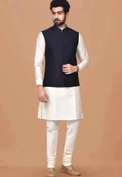 Solid Color Terry Rayon Nehru Jacket in Navy Blue