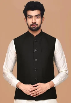 Solid Color Terry Rayon Nehru Jacket in Black