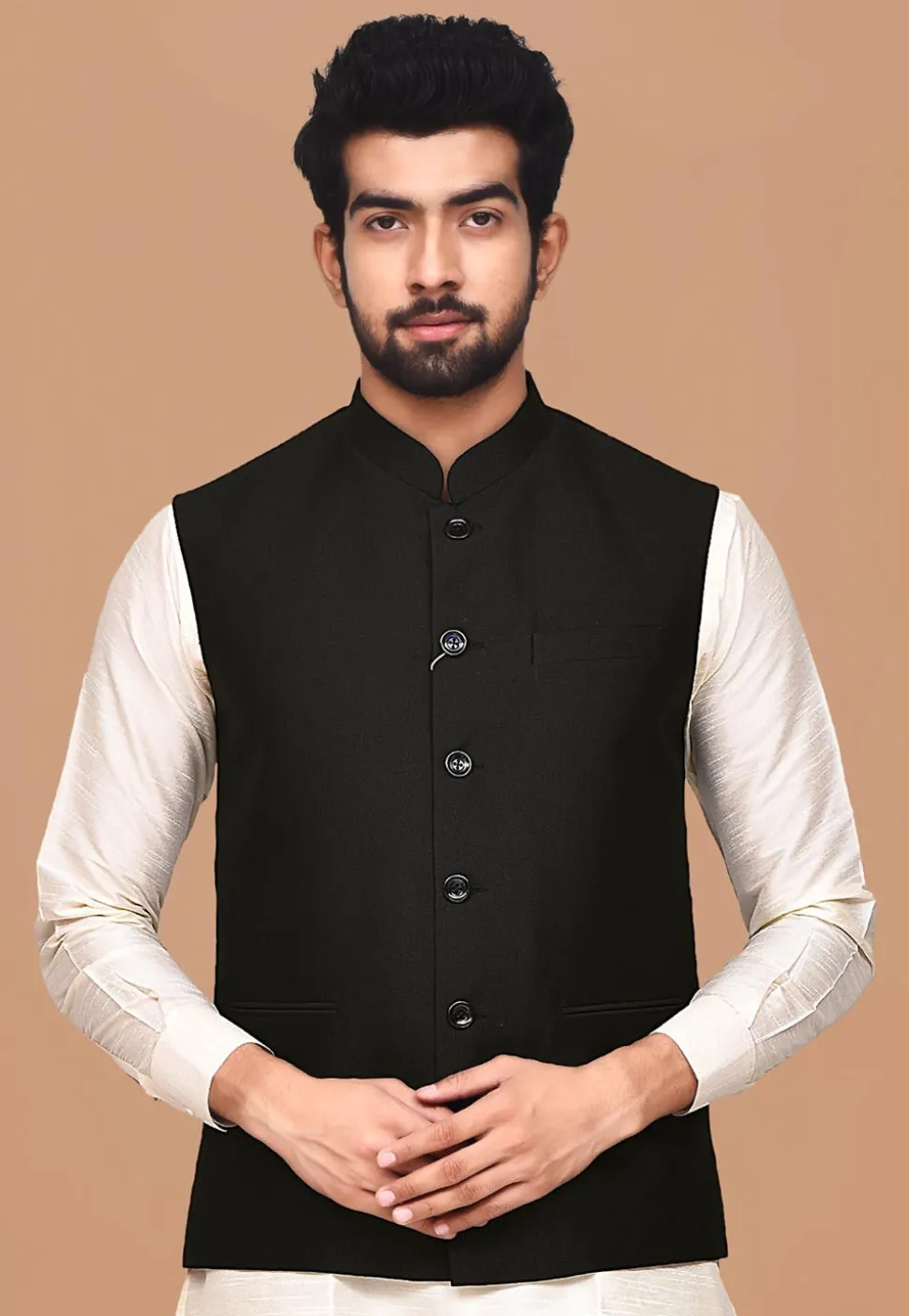Solid Color Terry Rayon Nehru Jacket in Black