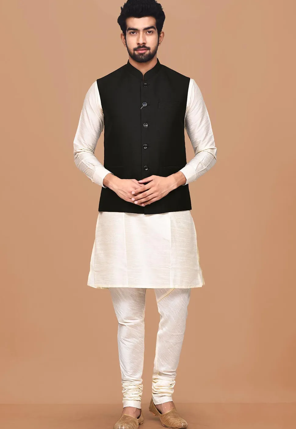 Solid Color Terry Rayon Nehru Jacket in Black