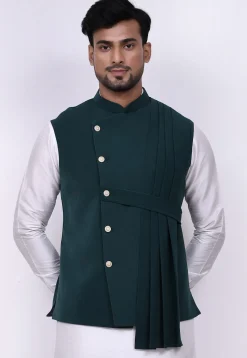 Solid Color Terry Rayon Nehru Jacket in Dark Teal Green