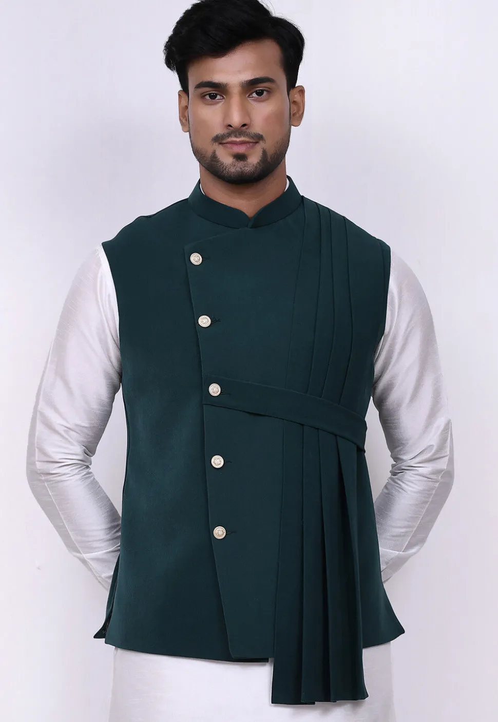 Solid Color Terry Rayon Nehru Jacket in Dark Teal Green