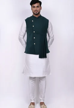 Solid Color Terry Rayon Nehru Jacket in Dark Teal Green