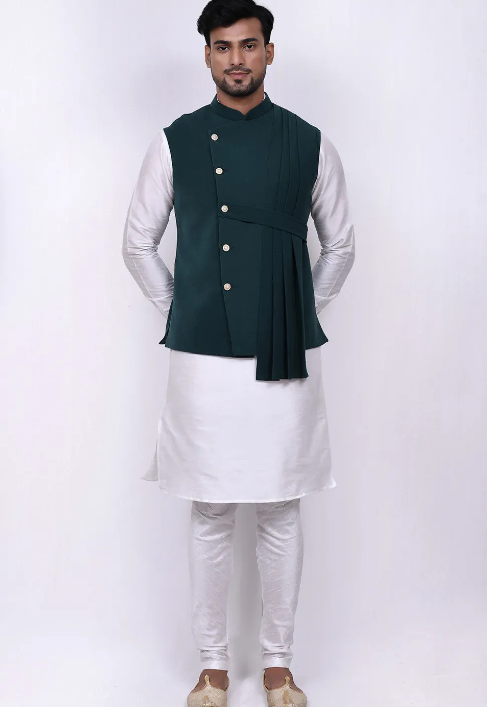 Solid Color Terry Rayon Nehru Jacket in Dark Teal Green
