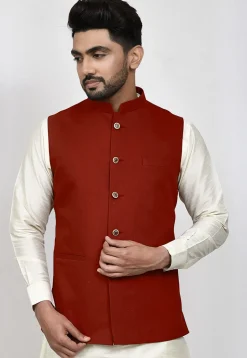 Solid Color Terry Rayon Nehru Jacket in Maroon