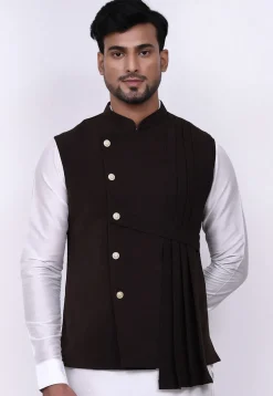 Solid Color Terry Rayon Nehru Jacket in Dark Brown