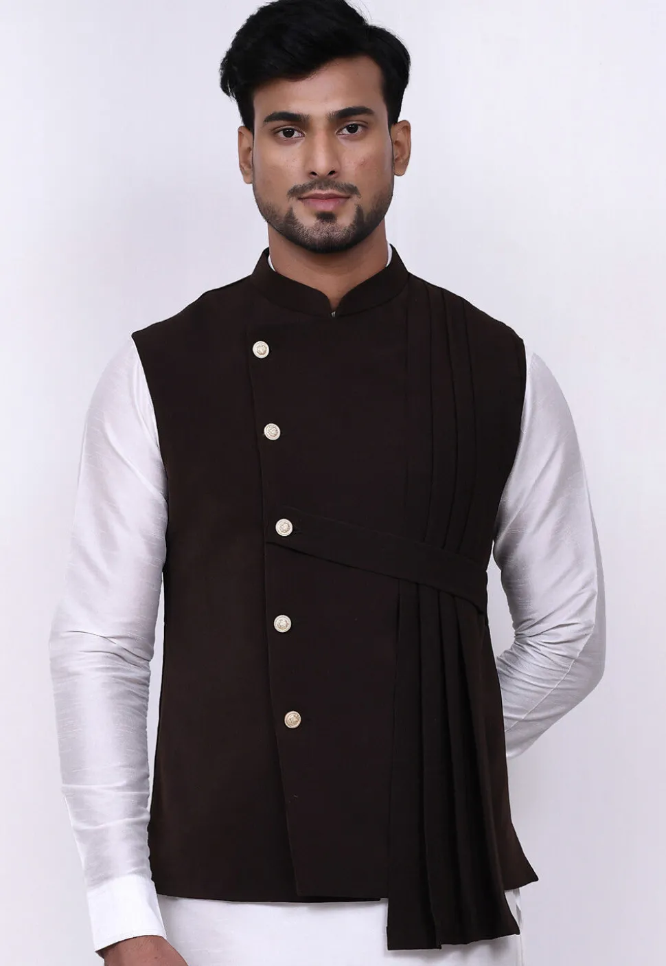 Solid Color Terry Rayon Nehru Jacket in Dark Brown