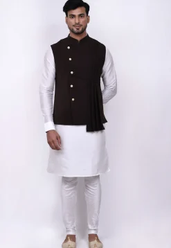 Solid Color Terry Rayon Nehru Jacket in Dark Brown