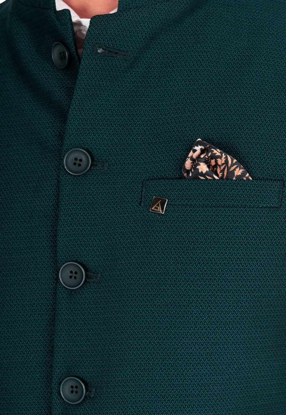 Solid Color Terry Rayon Nehru Jacket in Teal Green