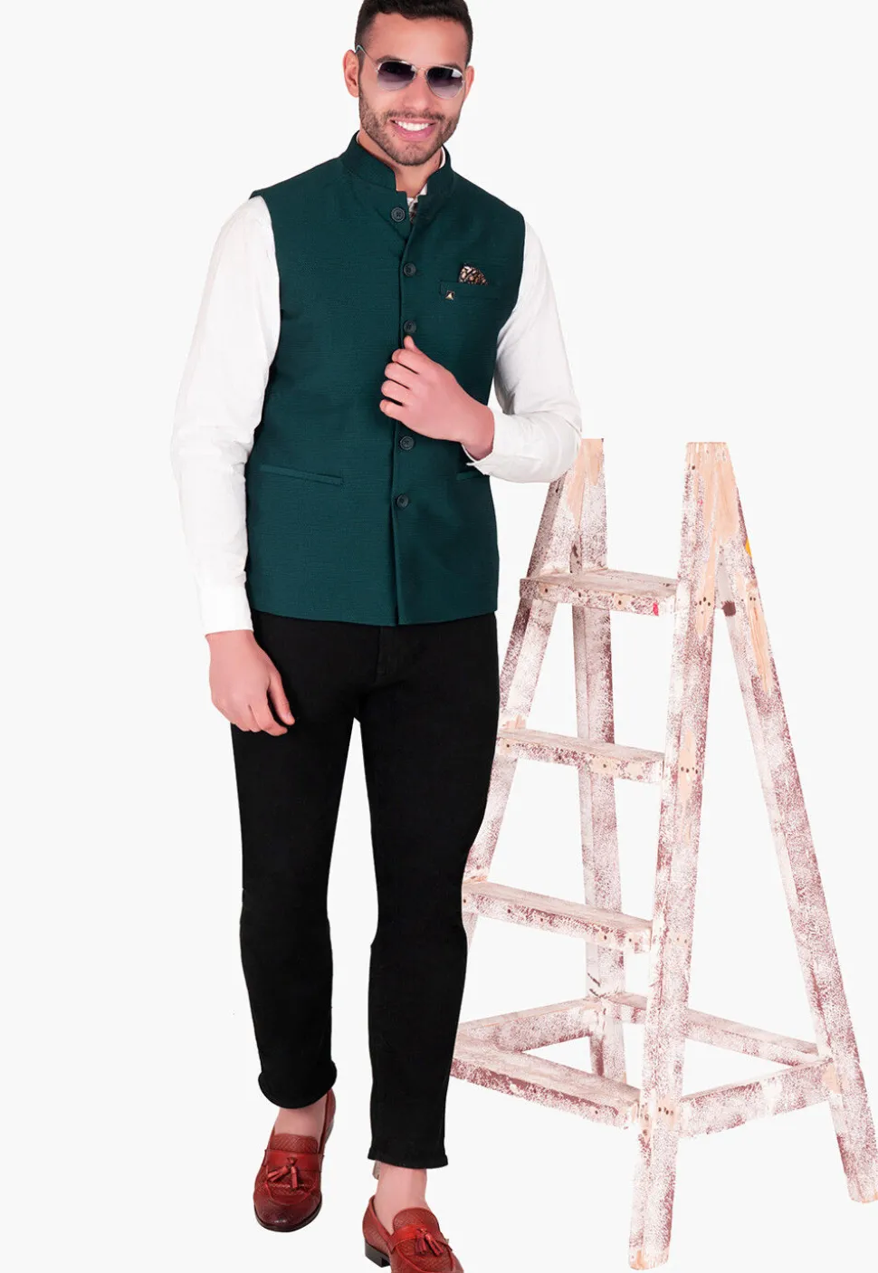 Solid Color Terry Rayon Nehru Jacket in Teal Green