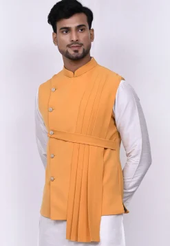Solid Color Terry Rayon Nehru Jacket in Mustard