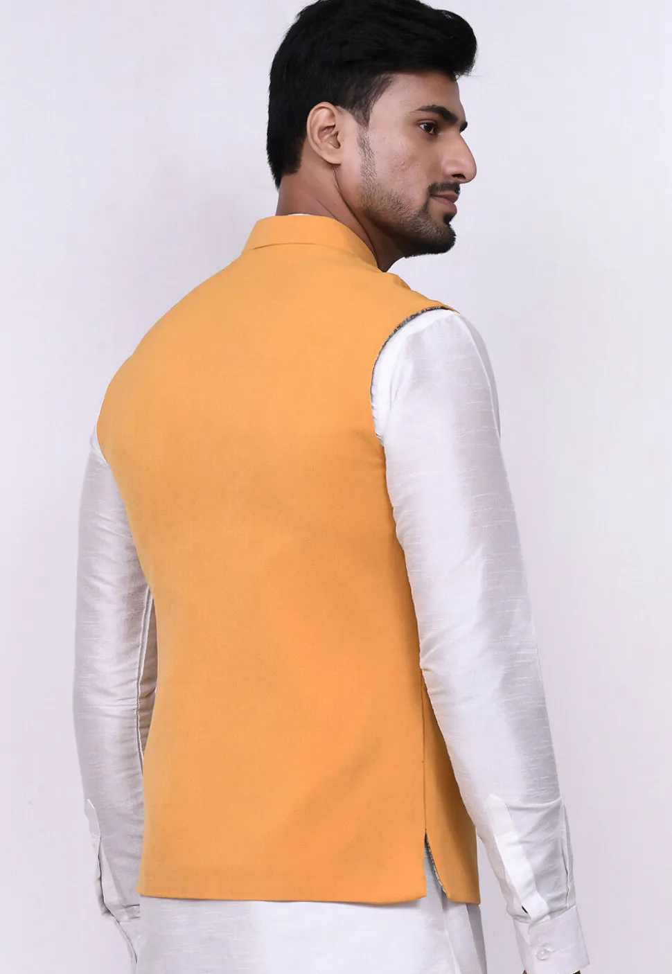 Solid Color Terry Rayon Nehru Jacket in Mustard